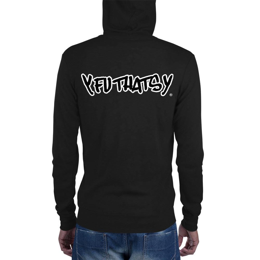 Unisex zip hoodie, Black Letters, White Outline YFUTHATSY